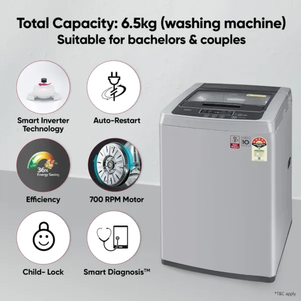 LG 6.5 Kg 5 Star Inverter Turbodrum Fully Automatic Top Loading Washing Machine (T65SKSF4Z, 3 Smart Motion, Tub Clean, Middle Free Silver) - Image 16