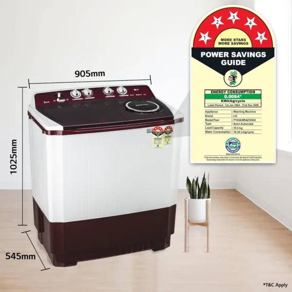 LG 8 kg 5 Star Wind jet dry Semi-Automatic Top Load Washing Machine ( Burgundy, Roller Jet Pulsator) - Image 5