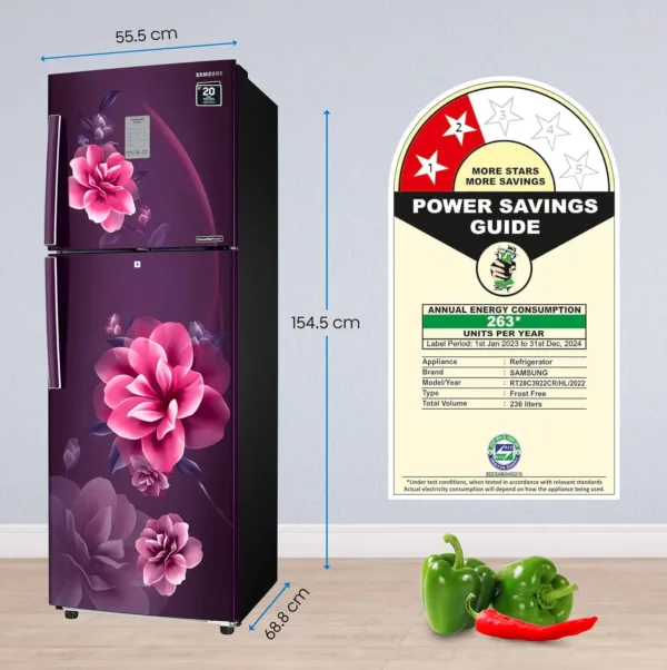 Samsung 236 L, 2 Star, Convertible, Digital Inverter, with Display Frost Free Double Door Refrigerator (RT28C3922CR/HL, Camellia Red, Purple, 2023 Model) - Image 7