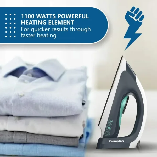 Crompton Desire 1100 Watts Premium Dry Iron with Cord Winder Facility and American Heritage Coating (White, Grey and Green) (ACGEI-DESIRE) - Image 7