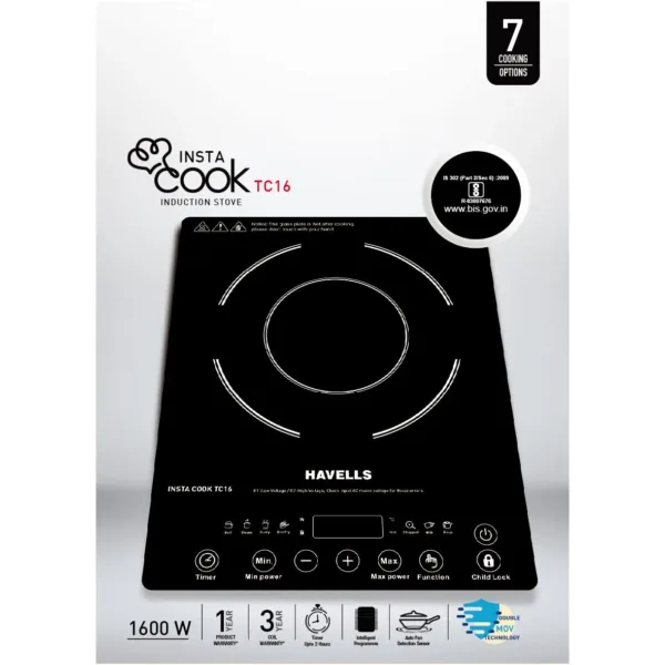 Havells Insta Cook Tc 16 Energy Efficent Induction (Black), 1600Watt, with 7 Cooking Option, Auto Pan Detection Sensor &3 Year Coil Warranty, Tempered Glass - Image 4