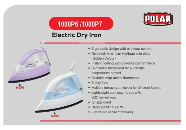 Polar 1000P7 Electric Dry Iron Pack 1 | 1000 watt & 2 Years Replacement Warranty - Image 2