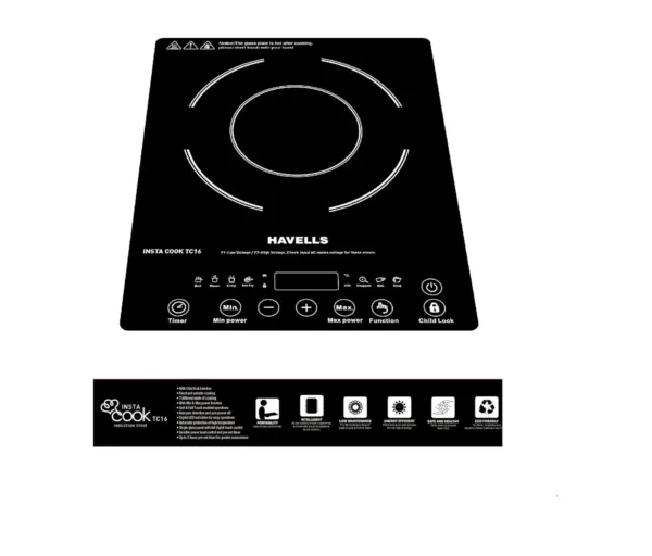 Havells Insta Cook Tc 16 Energy Efficent Induction (Black), 1600Watt, with 7 Cooking Option, Auto Pan Detection Sensor &3 Year Coil Warranty, Tempered Glass - Image 2