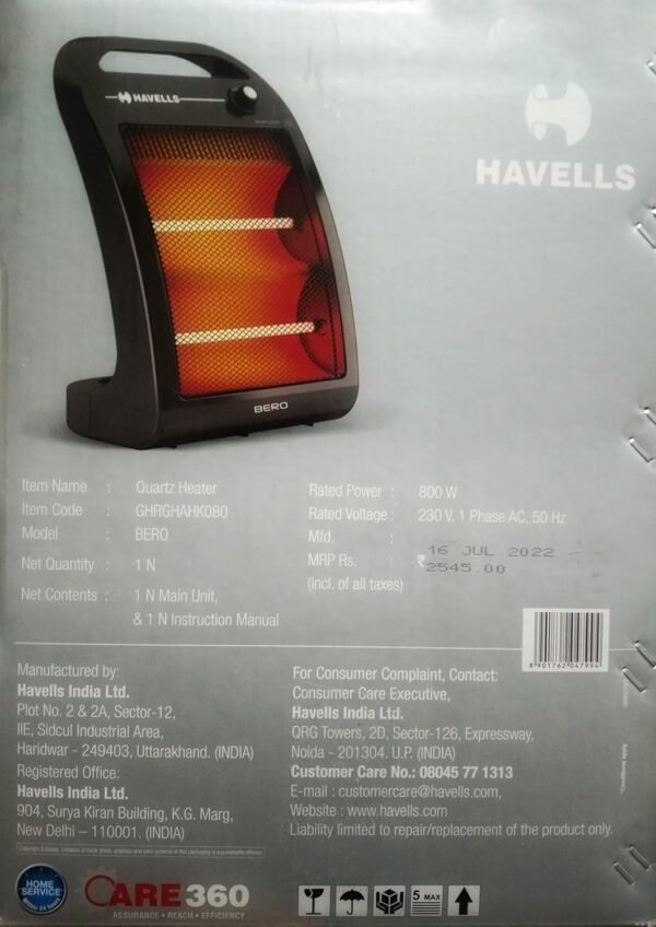 Havells Bero Quartz Heater Black 800 watt 2 Heat Settings 2 Year Product Warranty - Image 4