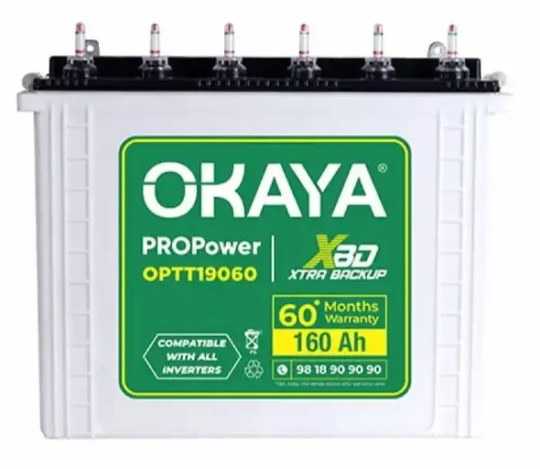 OKAYA PRO Power OPTT19060 160Ah Tall Tubular Inverter Battery | Longer Life & Extra Backup with 60 Months Warranty for Home, Office & Shops